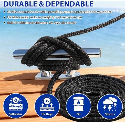 Boat Dock Fender Lines - 1/2" x 10ft Marine Rope with Pre-Spliced 6" Loop Double Braided Nylon Ropes Bumper Tie Mooring Line for Boats Docking Pontoon Boating Accessories - 4 Pack Black in Kuwait