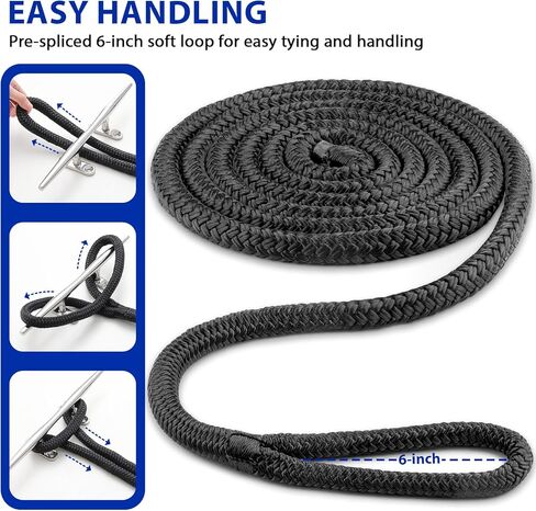 Boat Dock Fender Lines - 1/2" x 10ft Marine Rope with Pre-Spliced 6" Loop Double Braided Nylon Ropes Bumper Tie Mooring Line for Boats Docking Pontoon Boating Accessories - 4 Pack Black in Kuwait