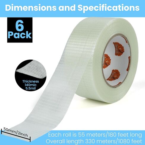 TAPEBEAR Clear Filament Duct Tape 2" x 60Yards, Fiberglass Reinforced Two-Way Strapping Tape, Bi-Directional 5.5Mil Thick Heavy Duty Waterproof for Palletizing, Bundling, Shipping, Moving, 6Rolls in Saudi Arabia