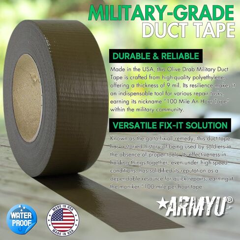 ARMYU Olive Drab Military Duct Tape AKA 100 Mile an Hour Tape, 9 mil Thick, 2" x 60 Yards US Made in Saudi Arabia