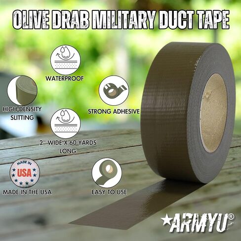 ARMYU Olive Drab Military Duct Tape AKA 100 Mile an Hour Tape, 9 mil Thick, 2" x 60 Yards US Made in Saudi Arabia