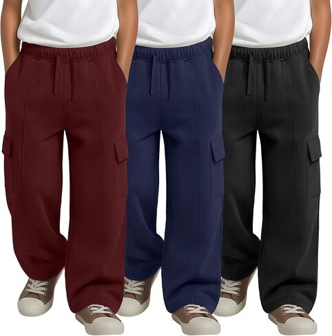 3 Pack Boys Cargo Sweatpants Straight Leg Open Bottom Pants Kids Drawstring Loose Athletic Pants with Pockets in Saudi Arabia