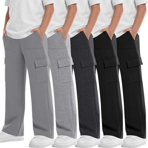 5 Pack Boy's Cargo Sweatpants Straight Leg Baggy Open Bottom Pants Athletic Joggers with 5 Pockets in Saudi Arabia
