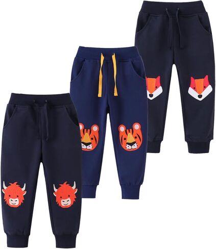2-3 Pack Boy Drawstring Elastic Sweatpants Toddler Cartoon Print Car Animal Cotton Sport Jogger Pants with Pockets in Kuwait