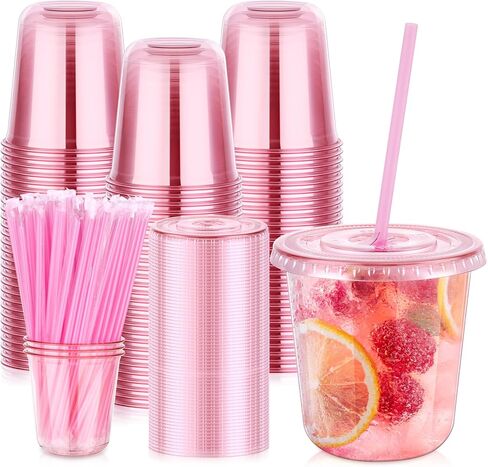KesaPlan 50 Pack 16 oz Pink Plastic Party Cups with Lids and Straws, Disposable Iced Coffee Cup with Lids, Round Bottom Drinking Cups for Birthday Wedding Valentine's Galentine's Bachelorette Party in Saudi Arabia