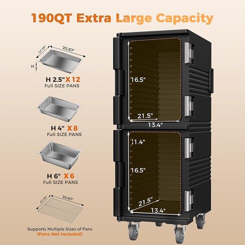 190QT Insulated Food Pan Carrier Commercial Dual-Zone Hot & Cold Food Warmer with 304 Stainless Steel Latch & 270° Door, Heavy Duty Catering Transport Box w/Casters for Restaurant Events Bulk Delivery in Kuwait