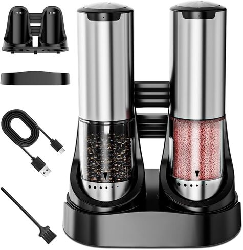 Electric Salt and Pepper Grinder Set - 6 Adjustable Coarseness, One-Handed Operation Design - Automatic Salt and Pepper Shakers with Rechargeable Base, Larger Capacity - for Kitchen, BBQ, Gift in Saudi Arabia