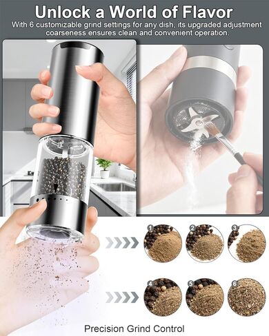 Electric Salt and Pepper Grinder Set - 6 Adjustable Coarseness, One-Handed Operation Design - Automatic Salt and Pepper Shakers with Rechargeable Base, Larger Capacity - for Kitchen, BBQ, Gift in Saudi Arabia
