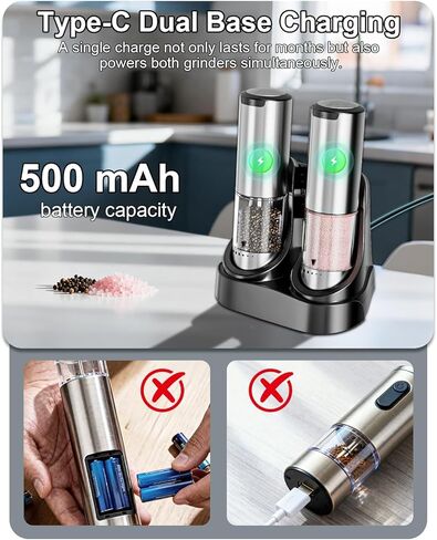 Electric Salt and Pepper Grinder Set - 6 Adjustable Coarseness, One-Handed Operation Design - Automatic Salt and Pepper Shakers with Rechargeable Base, Larger Capacity - for Kitchen, BBQ, Gift in Saudi Arabia