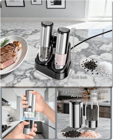 Electric Salt and Pepper Grinder Set - 6 Adjustable Coarseness, One-Handed Operation Design - Automatic Salt and Pepper Shakers with Rechargeable Base, Larger Capacity - for Kitchen, BBQ, Gift in Saudi Arabia