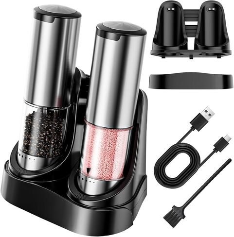 Electric Salt and Pepper Grinder Set - 6 Adjustable Coarseness, One-Handed Operation Design - Automatic Salt and Pepper Shakers with Rechargeable Base, Larger Capacity - for Kitchen, BBQ, Gift in Saudi Arabia