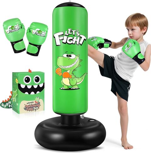 كيس ملاكمة قابل للنفخ، كيس ملاكمة مقاس 48 بوصة للأطفال مع قفازات ملاكمة، مجموعة ملاكمة ثابتة للكاراتيه والتايكوندو ولعبة الديناصورات وهدايا للأولاد من عمر 3 4 5 6 7 8 سنوات in Kuwait
