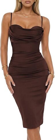 Women's Summer Cowl Neck Ruched Bodycon Midi Dress with Spaghetti Straps and Built-in Bra for Cocktail Party in Kuwait