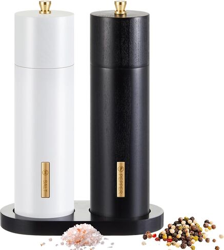 Wooden Salt and Pepper Grinder Set 8 Inch Manual Salt and Pepper Mill with Tray Adjustable Coarseness Refillable Wood Grinders with Gold Bottle Label for Kitchen Christmas Home Gift(Wood Color) in Saudi Arabia
