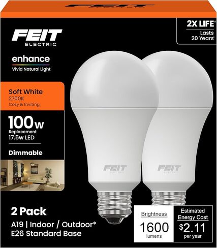 Feit Electric A19 LED Light Bulb, 100W Equivalent, Dimmable, E26 Base, CRI 90, 1600 Lumens, 2700K Soft White, General Purpose Light Bulb, 22-Year Lifetime, OM100DM/927CA/2, 2 Pack in Saudi Arabia