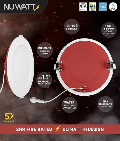 NUWATT 12 حزمة 6 بوصة 2 ساعة إضاءة LED مجوفة مقاومة للحريق، 2700K/3000K/3500K/4000K/5000K قابلة للتحديد، 1200 لومن قابلة للتعتيم، مصابيح ويفر LED رفيعة جدًا بدون علبة، مصنفة رطبة وIC، لا حاجة إلى مخروط نار in Kuwait