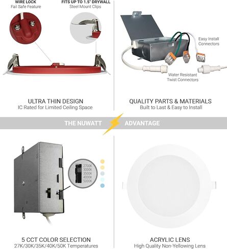 NUWATT 12 حزمة 6 بوصة 2 ساعة إضاءة LED مجوفة مقاومة للحريق، 2700K/3000K/3500K/4000K/5000K قابلة للتحديد، 1200 لومن قابلة للتعتيم، مصابيح ويفر LED رفيعة جدًا بدون علبة، مصنفة رطبة وIC، لا حاجة إلى مخروط نار in Kuwait