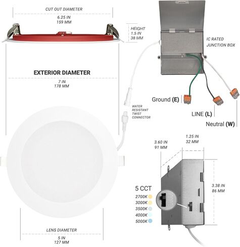 NUWATT 12 حزمة 6 بوصة 2 ساعة إضاءة LED مجوفة مقاومة للحريق، 2700K/3000K/3500K/4000K/5000K قابلة للتحديد، 1200 لومن قابلة للتعتيم، مصابيح ويفر LED رفيعة جدًا بدون علبة، مصنفة رطبة وIC، لا حاجة إلى مخروط نار in Kuwait