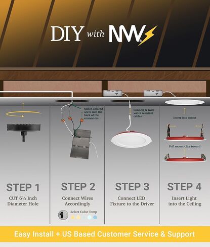 NUWATT 12 حزمة 6 بوصة 2 ساعة إضاءة LED مجوفة مقاومة للحريق، 2700K/3000K/3500K/4000K/5000K قابلة للتحديد، 1200 لومن قابلة للتعتيم، مصابيح ويفر LED رفيعة جدًا بدون علبة، مصنفة رطبة وIC، لا حاجة إلى مخروط نار in Kuwait