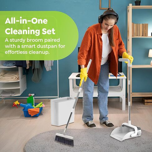 DustDockPro: Broom and Dustpan Set with Trashcan - Long Handle Upright Dust Pan with Teeth Comb, Angled Bristles for Pet Hair Removal, Compact Cleaning Kit for Kitchen Home Tiles Hard Floors in Saudi Arabia
