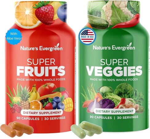 Fruits and Veggies Supplement - Nature Fruits and Vegetables Supplements - Vegan, Non GMO, Soy Free, Superfood Vitamins & Minerals Nutritional Balance - (Total 180 Capsules - Pack of 2) Made in USA in Kuwait