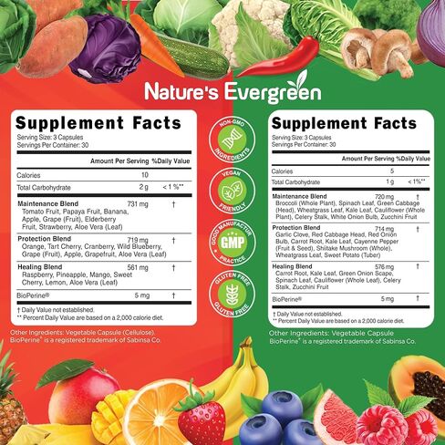 Fruits and Veggies Supplement - Nature Fruits and Vegetables Supplements - Vegan, Non GMO, Soy Free, Superfood Vitamins & Minerals Nutritional Balance - (Total 180 Capsules - Pack of 2) Made in USA in Kuwait