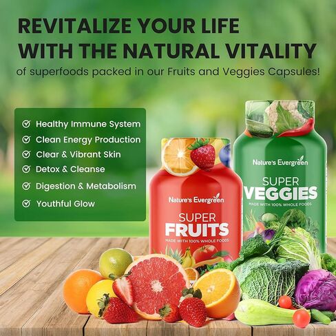 Fruits and Veggies Supplement - Nature Fruits and Vegetables Supplements - Vegan, Non GMO, Soy Free, Superfood Vitamins & Minerals Nutritional Balance - (Total 180 Capsules - Pack of 2) Made in USA in Kuwait