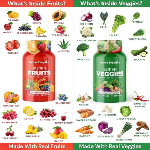 Fruits and Veggies Supplement - Nature Fruits and Vegetables Supplements - Vegan, Non GMO, Soy Free, Superfood Vitamins & Minerals Nutritional Balance - (Total 180 Capsules - Pack of 2) Made in USA in Kuwait