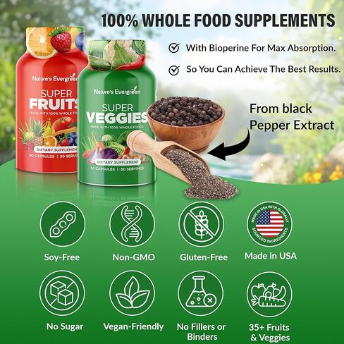 Fruits and Veggies Supplement - Nature Fruits and Vegetables Supplements - Vegan, Non GMO, Soy Free, Superfood Vitamins & Minerals Nutritional Balance - (Total 180 Capsules - Pack of 2) Made in USA in Kuwait