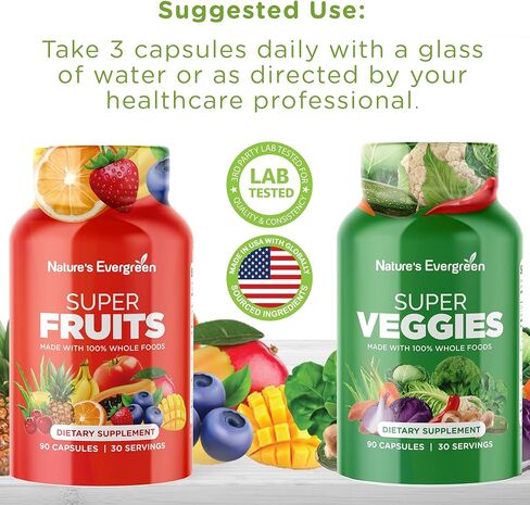 Fruits and Veggies Supplement - Nature Fruits and Vegetables Supplements - Vegan, Non GMO, Soy Free, Superfood Vitamins & Minerals Nutritional Balance - (Total 180 Capsules - Pack of 2) Made in USA in Kuwait