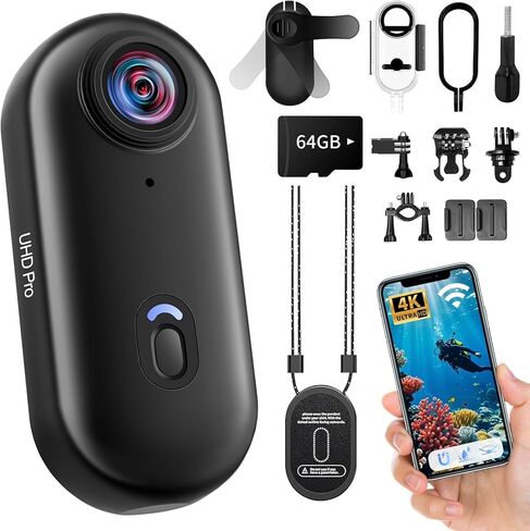 Mini Action Cam 4K, 64GB Body Cam WiFi Sports Camera, Wearable POV Camera, Portable Helmet Camcorder Thumb Size, Hands-free Recording, 30m Waterproof for Vlogging Cycling Swimming Hiking Petting in Saudi Arabia