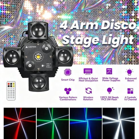 Moving Head DJ Light with Remote Control 4 Arms RGBW Home Party Disco Light with Sound Active DMX Strobe Beam Lighting for Halloween Christmas in Saudi Arabia