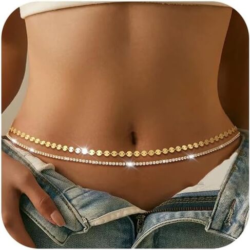 Sliver Rhinestone Waist Crystal Waist Chain with Pendant Abdominal Chain Thin Minimalist Body Chain for Women Beach Rave in Saudi Arabia