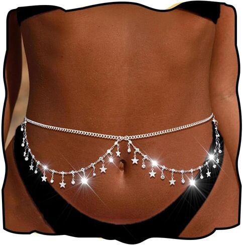Sliver Rhinestone Waist Crystal Waist Chain with Pendant Abdominal Chain Thin Minimalist Body Chain for Women Beach Rave in Saudi Arabia