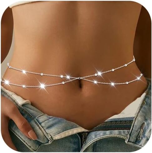 Sliver Rhinestone Waist Crystal Waist Chain with Pendant Abdominal Chain Thin Minimalist Body Chain for Women Beach Rave in Saudi Arabia