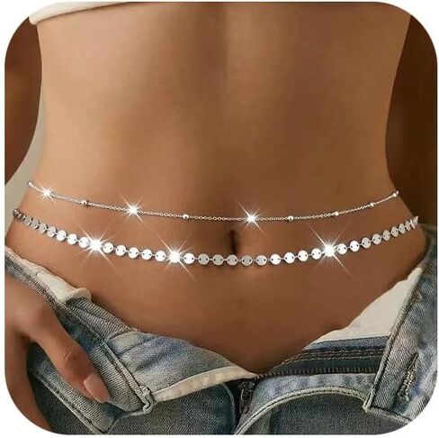 Sliver Rhinestone Waist Crystal Waist Chain with Pendant Abdominal Chain Thin Minimalist Body Chain for Women Beach Rave in Saudi Arabia