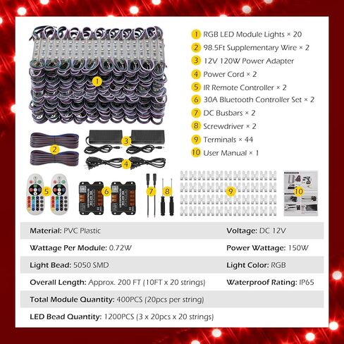 Dyna-Living 200FT RGB LED أضواء واجهة المتجر للأعمال 400 قطعة 3-led 5050 SMD LED وحدة ضوء مع وضع مزامنة الموسيقى APP بلوتوث ووحدة تحكم IR IP68 أضواء واجهة المتجر المقاومة للماء in Saudi Arabia