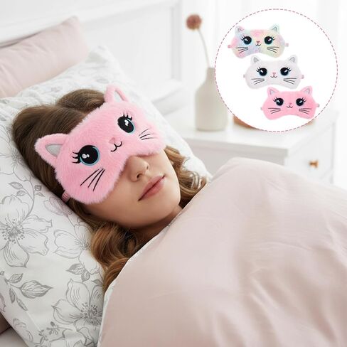 Kids Eye Mask for Sleeping, 3 Pcs Cute Cat Girls Eye Mask Colorful Soft Plush Night Eye Masks Comfortable Funny Animal Blindfold Cover for Women Home Travel Camp in Saudi Arabia