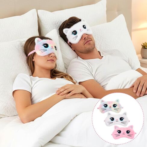 Kids Eye Mask for Sleeping, 3 Pcs Cute Cat Girls Eye Mask Colorful Soft Plush Night Eye Masks Comfortable Funny Animal Blindfold Cover for Women Home Travel Camp in Saudi Arabia