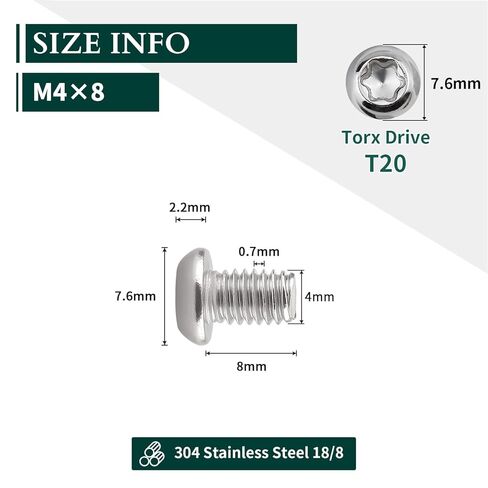 EASTLO M4-0.7 x 8mm مسامير آلة رأس توركس 100 قطعة، 304 الفولاذ المقاوم للصدأ 18/8، خيط كامل، لقمة توركس طويلة متضمنة مجانًا in Kuwait