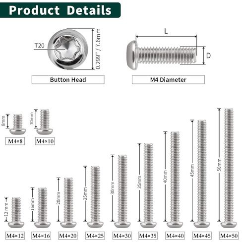 EASTLO M4-0.7 x 8mm مسامير آلة رأس توركس 100 قطعة، 304 الفولاذ المقاوم للصدأ 18/8، خيط كامل، لقمة توركس طويلة متضمنة مجانًا in Kuwait