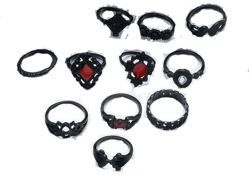 11pcs Gothic Black Stackable Rings Set Punk Dark Lotus Flower Red Stone Retro Hollow Carved Palace Style Knuckle Joint Rings Jewelry for Women in Saudi Arabia