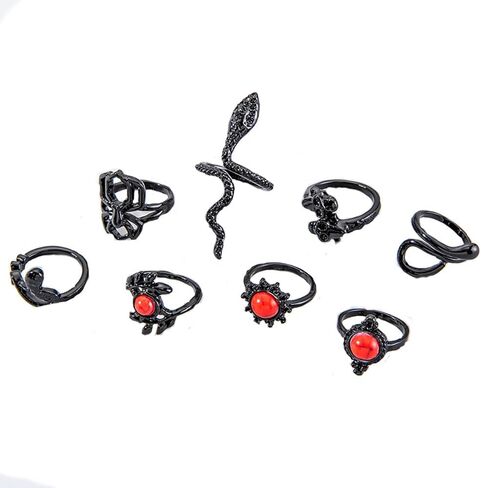 11pcs Gothic Black Stackable Rings Set Punk Dark Lotus Flower Red Stone Retro Hollow Carved Palace Style Knuckle Joint Rings Jewelry for Women in Saudi Arabia