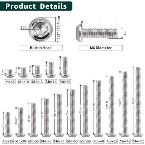 EASTLO M4-0.7 x 8mm مسامير آلة رأس توركس 100 قطعة، 304 الفولاذ المقاوم للصدأ 18/8، خيط كامل، لقمة توركس طويلة متضمنة مجانًا in Kuwait