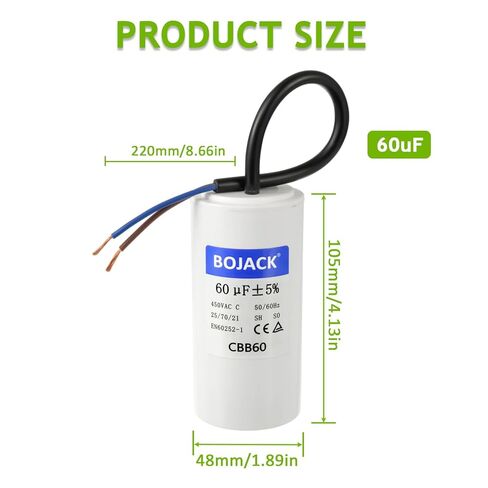 BOJACK CBB60 Run Capacitor 60 uF 450V AC 60 MFD 2 Wire 50/60Hz Cylinder Motor Run Capacitor for Motor Blower air Compressor and air Conditioner Compressor Replacement Part in Saudi Arabia