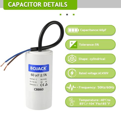 BOJACK CBB60 Run Capacitor 60 uF 450V AC 60 MFD 2 Wire 50/60Hz Cylinder Motor Run Capacitor for Motor Blower air Compressor and air Conditioner Compressor Replacement Part in Saudi Arabia