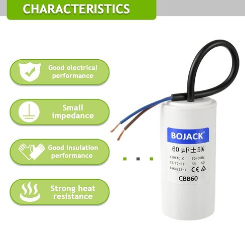 BOJACK CBB60 Run Capacitor 60 uF 450V AC 60 MFD 2 Wire 50/60Hz Cylinder Motor Run Capacitor for Motor Blower air Compressor and air Conditioner Compressor Replacement Part in Saudi Arabia