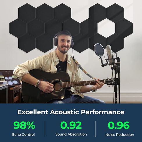 18 Pack Hexagon Acoustic Panels, 12" x 10" x 0.4" High-Density Soundproof Wall Panels, Self-Adhesive Acoustic Wall Panels for Studio, Home, Office, Black in Saudi Arabia