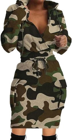BIRW Size 2XL Camouflage Printing Hoodie Dress for Women 2025 Slim Casual Long Sleeve High Waist Drawstring Pullover Bodycon Sweatshirt Dresses with Pockets in Kuwait
