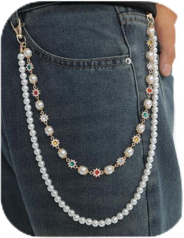 Wallet Belt Pants Chains for Men Women Pearl Rhinestone Flower Punk Jeans Pocket Key Chain Accessories Fashion Jewelry Gift in Kuwait